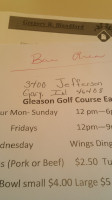 Gleason Golf Course Eatery menu