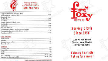 Foxy Drive In menu