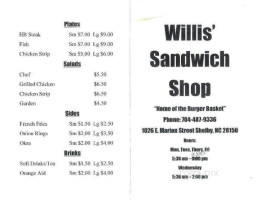 Willis Sandwich Shop menu