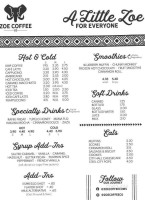 Zoe Coffee menu