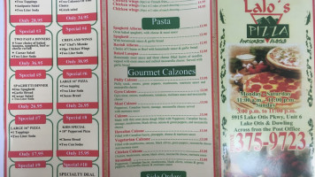 Lalo's Pizza Take Out menu