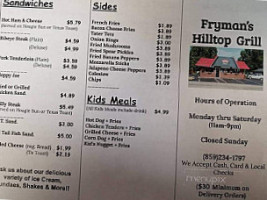 Frymans Hilltop Grill menu