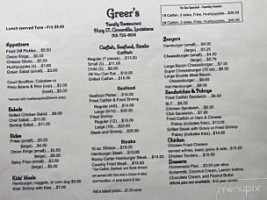 Greer's Family menu