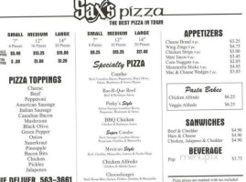 Sax's Pizza menu