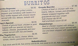 Yoyo's Mexican Restaurant Bar Grill menu