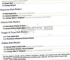 Jersey Mike's Subs menu