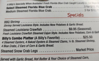 Billy's Oyster Bar menu