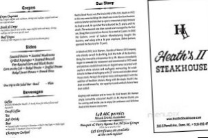Heath's Steakhouse menu