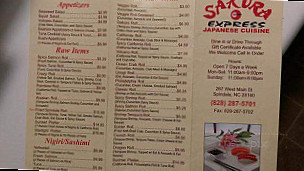Sakura Japanese Restarunt menu