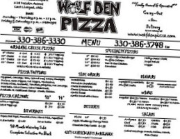 Wolf Den Pizza menu