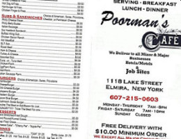 Poorman's Cafe menu