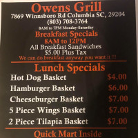 Owens Bbq Grill menu