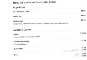 La Cocina Sports Grill menu
