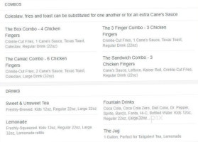 Raising Cane's Chicken Fingers menu