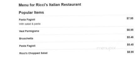 Ricci's At Castle Ridge menu