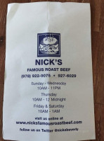 Nick's Famous Roast Beef menu