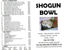 Shogun Bowl menu