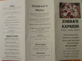 Zorba's Pizza Express menu