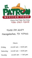 El Patron Mexican Food Carry Out/take Out Only inside