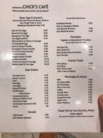 Chick's Cafe menu