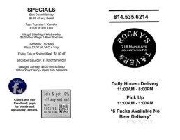 Rocky's Tavern menu