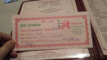 Ming Lee Chinese menu