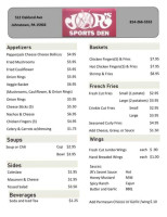J R's Sports Den menu