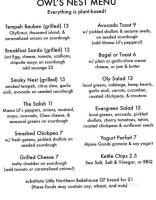 The Owl's Nest Coffee Pastries menu