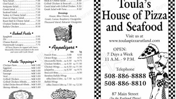 Toula's House Of Pizza menu