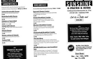 Sunshine 6-packs And Subs menu