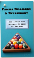 Crossville Family Billiards menu