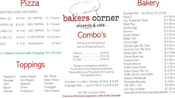 Bakers Corner Pizza menu