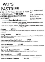 Pat's Pastries menu
