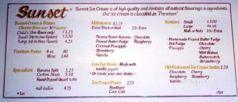 Sunset Ice Cream Parlor menu