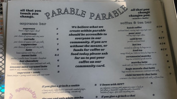 Parable Cafe menu