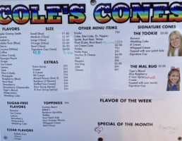 Cole's Cones Snow Cones menu