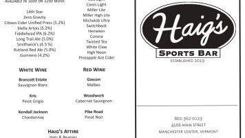 Haig's Restaurant Sports Bar menu