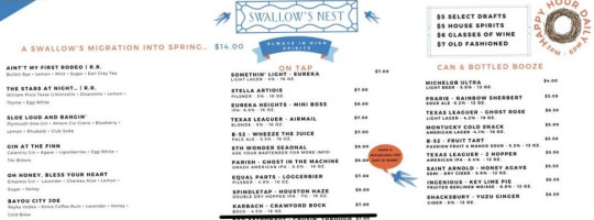 Swallow's Nest menu