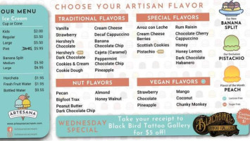 Artesana Ice Cream menu