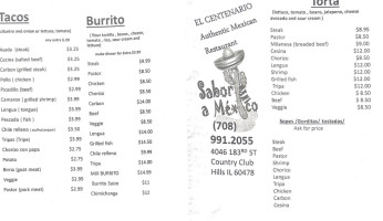 El Centenario menu