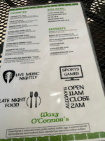 Waxy O'connor's Irish Pub Eatery menu