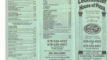 Leominster House Of Pizza menu