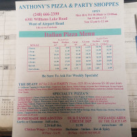 Anthony's Pizza Party menu