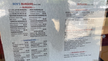 Ben's Burgers menu