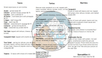 Sasquatch And Yeti Taqueria menu