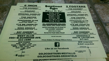 Goldcoast Subs menu