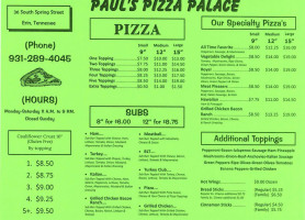 Paul's Pizza Palace menu