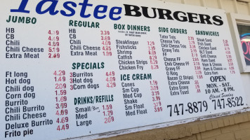 Tastee Burgers menu