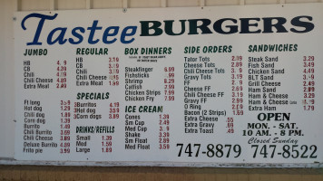 Tastee Burgers menu