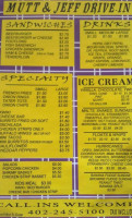 Mutt Jeff Drive In menu